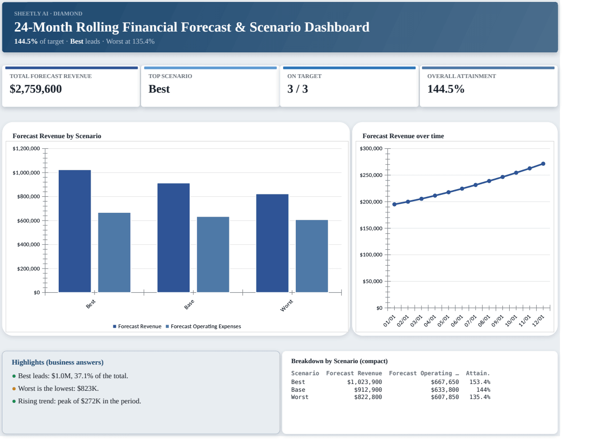 Preview of the 24-Month Rolling Financial Forecast & Scenario Dashboard — Excel spreadsheet template to download template