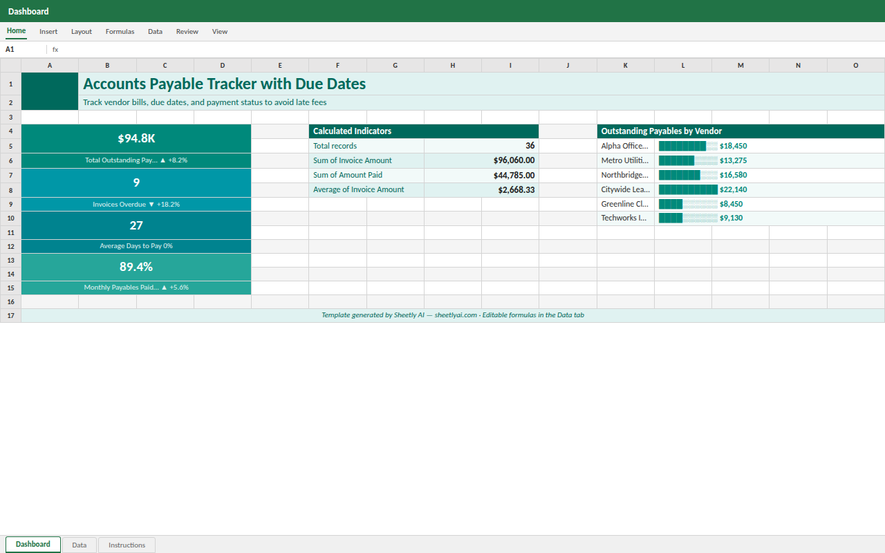 Preview of the Accounts Payable Tracker with Due Dates template