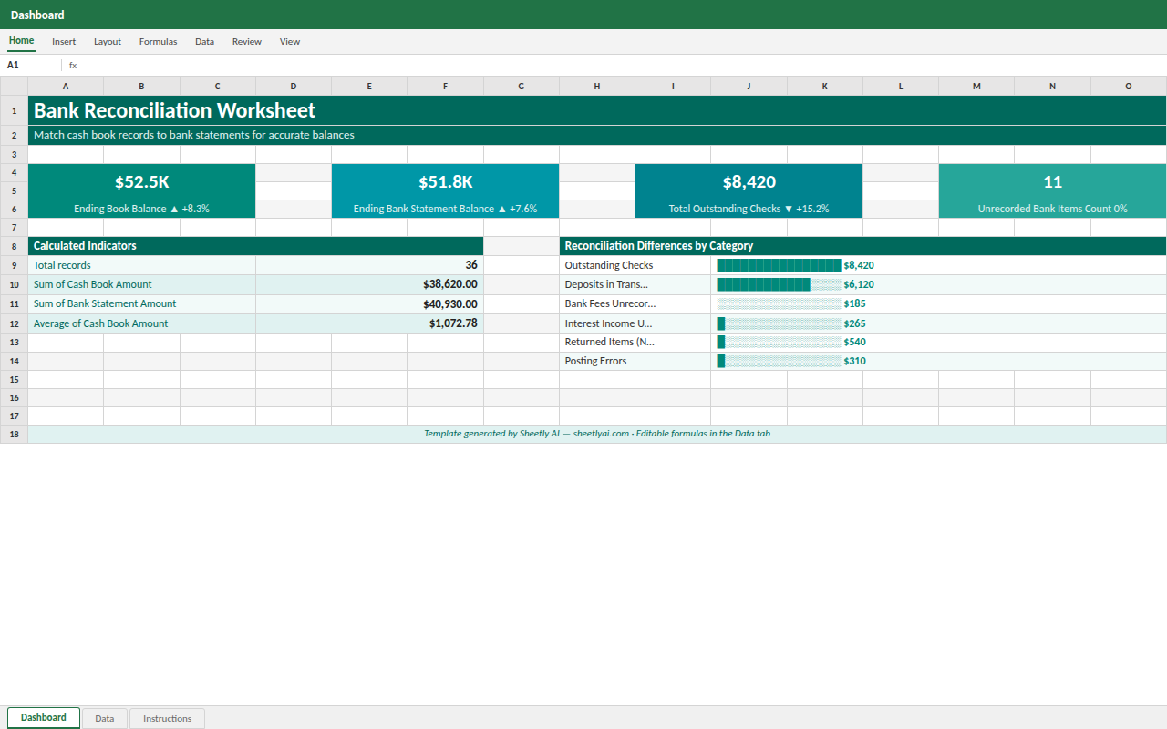 Preview of the Bank Reconciliation Worksheet — Excel template with formulas template