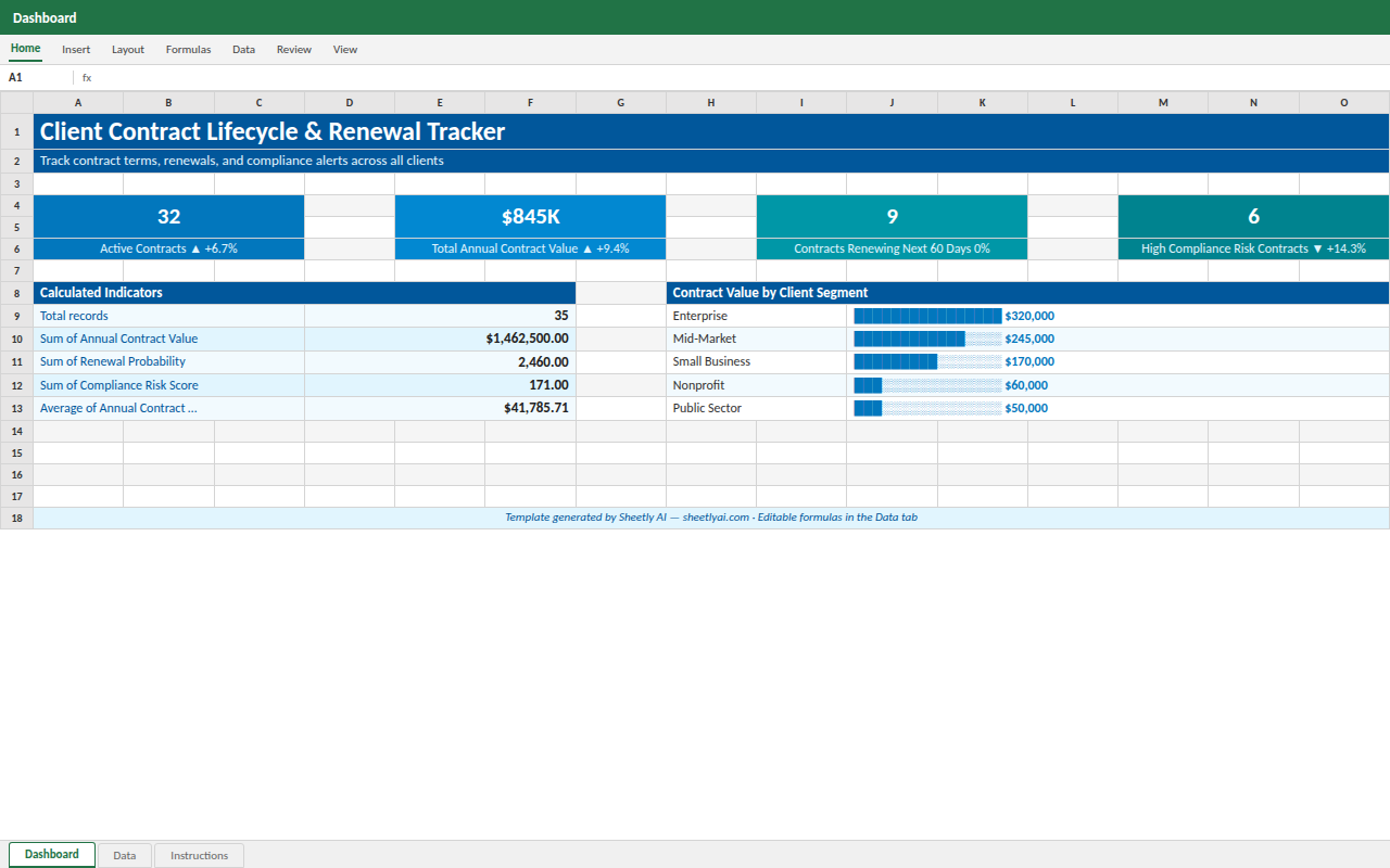 Preview of the Client Contract Lifecycle & Renewal Tracker template