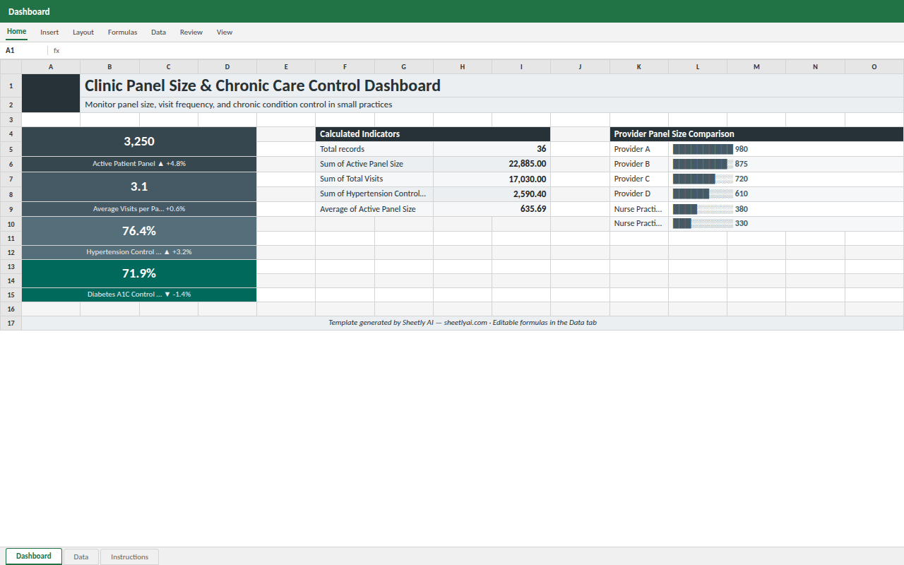 Preview of the Clinic Panel Size & Chronic Care Control Dashboard template