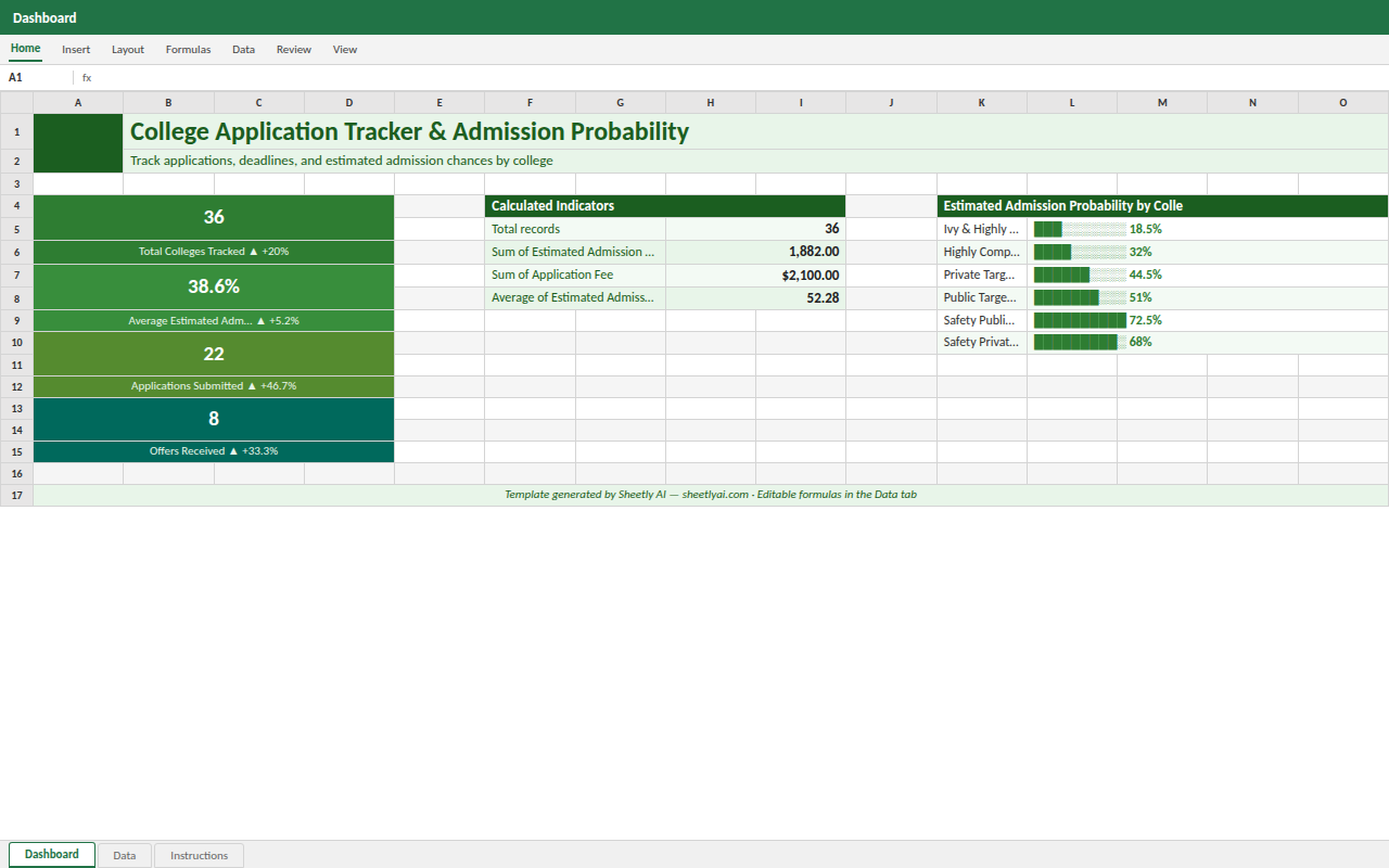 Preview of the College Application Tracker & Admission Probability template