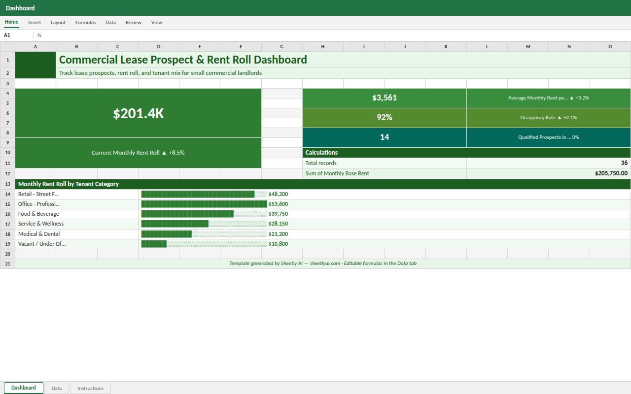 Preview of the Commercial Lease Prospect & Rent Roll Dashboard template