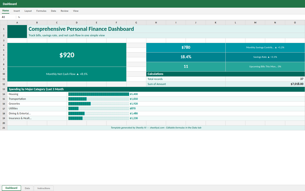 Preview of the Comprehensive Personal Finance Dashboard template