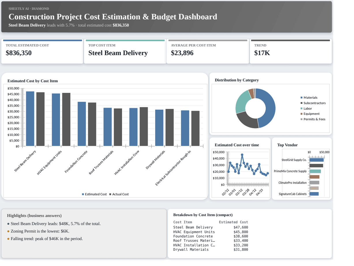 Preview of the Construction Project Cost Estimation & Budget Dashboard — free Excel template template
