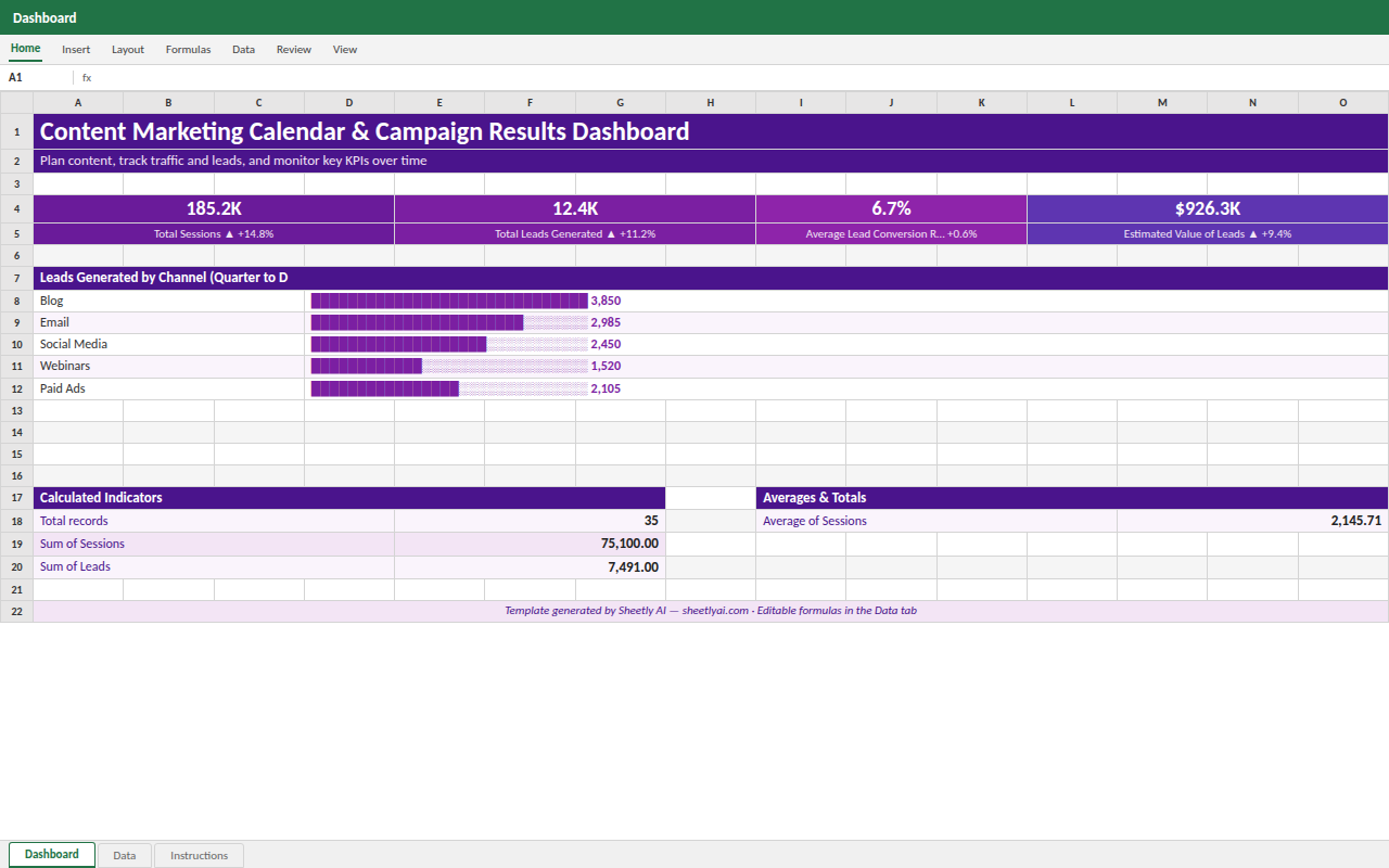 Preview of the Content Marketing Calendar & Campaign Results Dashboard template