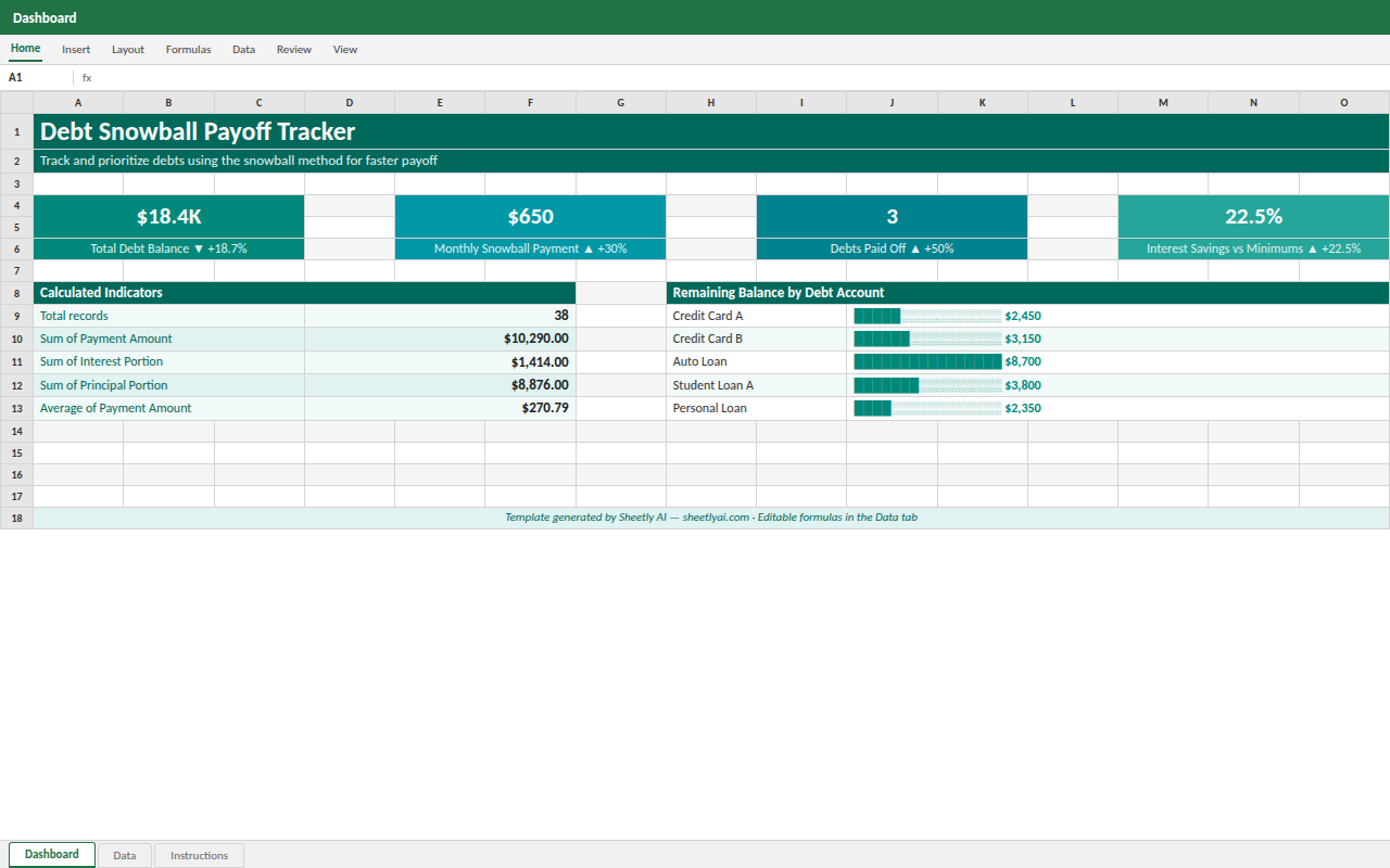 Preview of the Debt Snowball Payoff Tracker — Excel template with formulas template