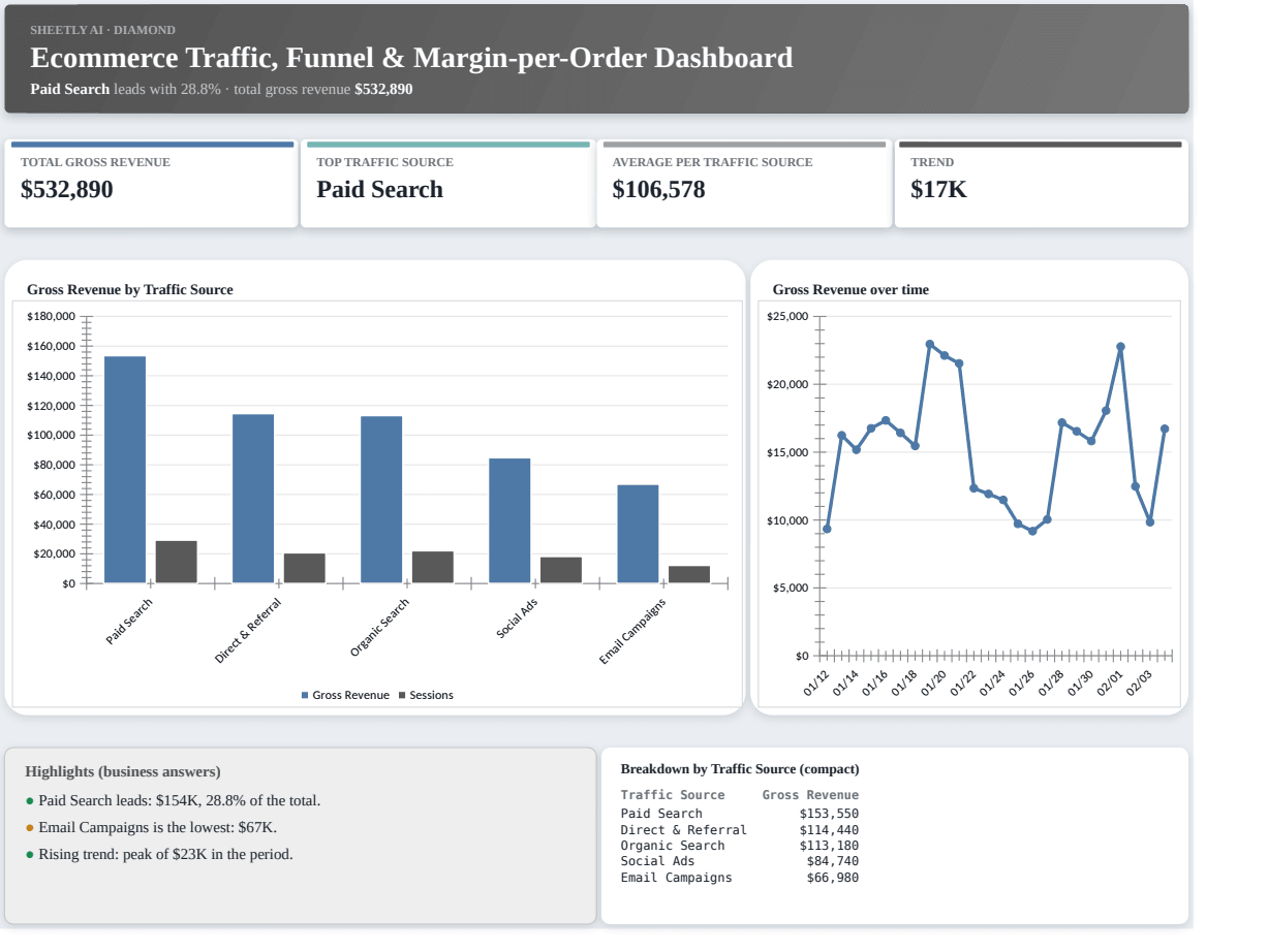 Preview of the Ecommerce Traffic, Funnel & Margin-per-Order Dashboard template