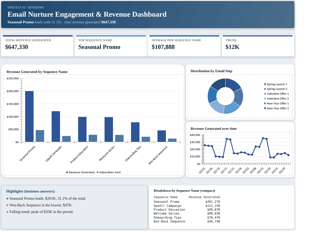Preview of the Email Nurture Engagement & Revenue Dashboard — free Excel template template