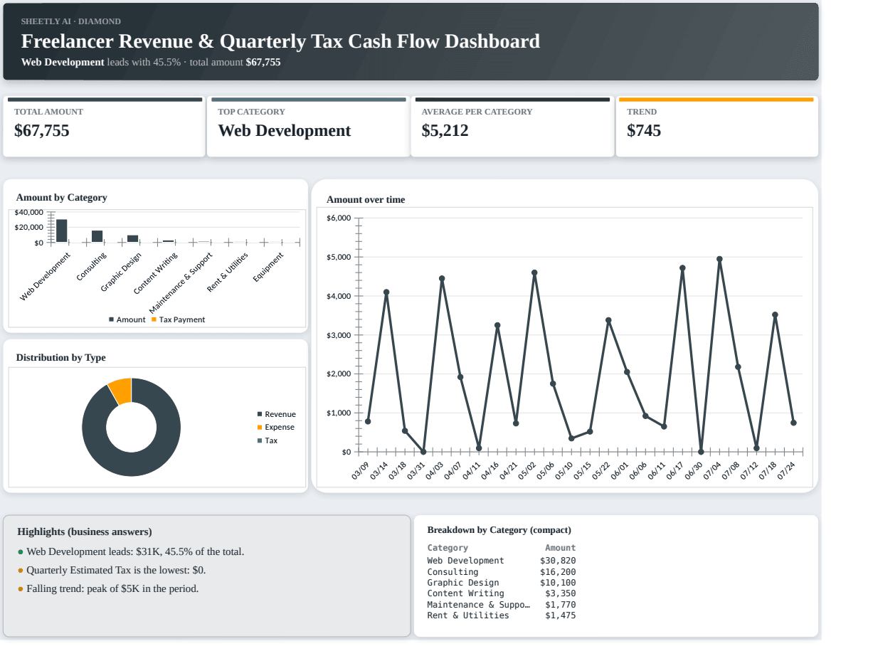 Preview of the Freelancer Revenue & Quarterly Tax Cash Flow Dashboard template