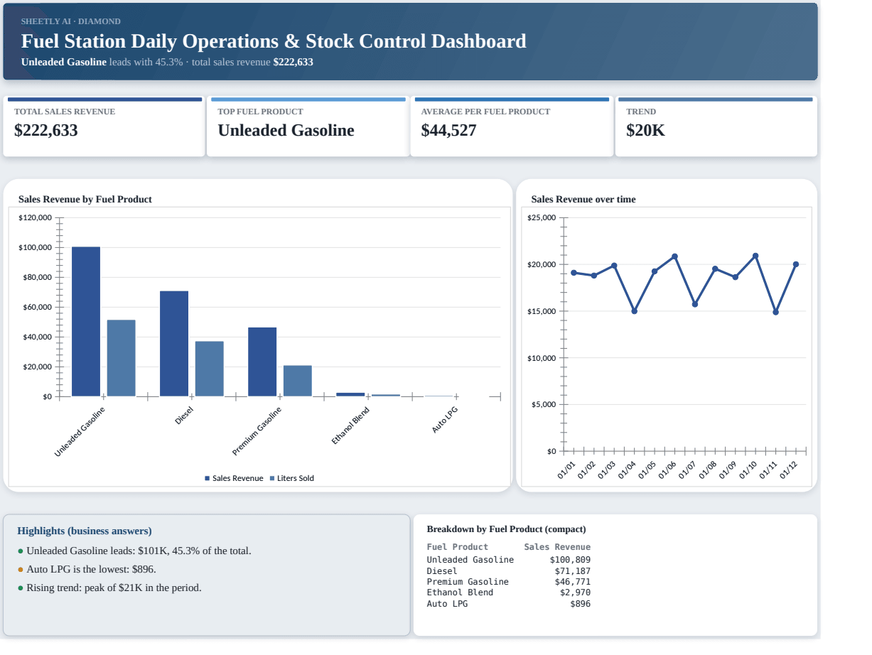 Preview of the Fuel Station Daily Operations & Stock Control Dashboard — Excel template with real formulas template