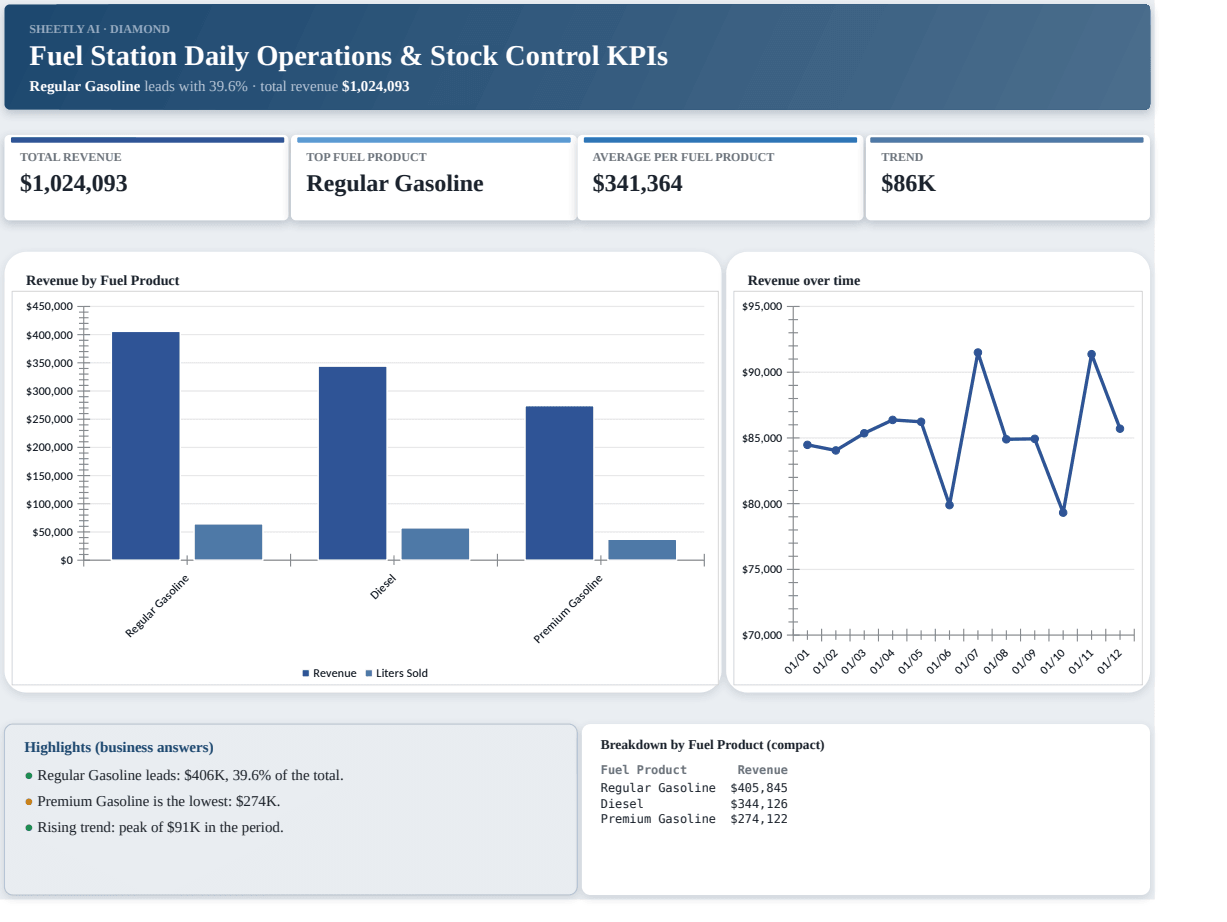 Preview of the Fuel Station Daily Operations & Stock Control KPIs — free Excel template template