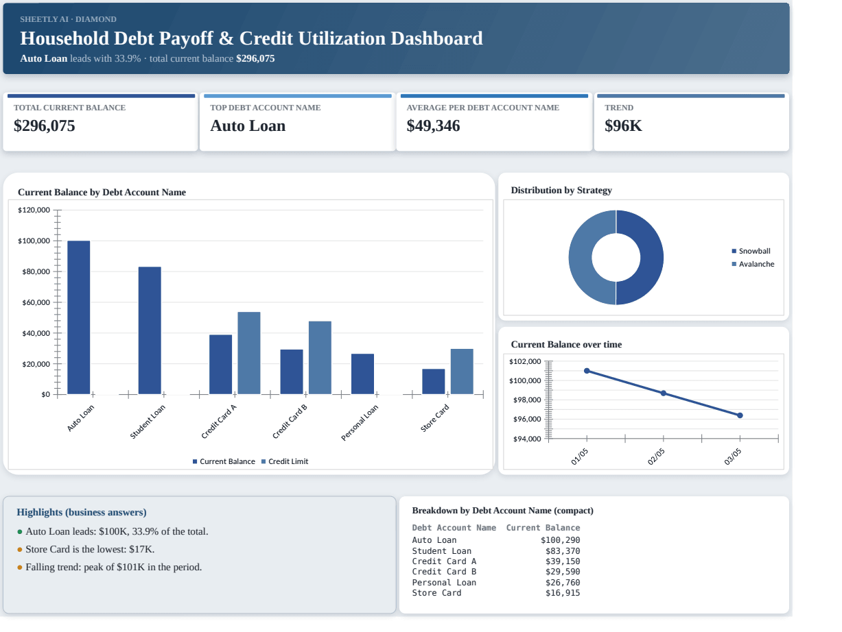 Preview of the Household Debt Payoff & Credit Utilization Dashboard template