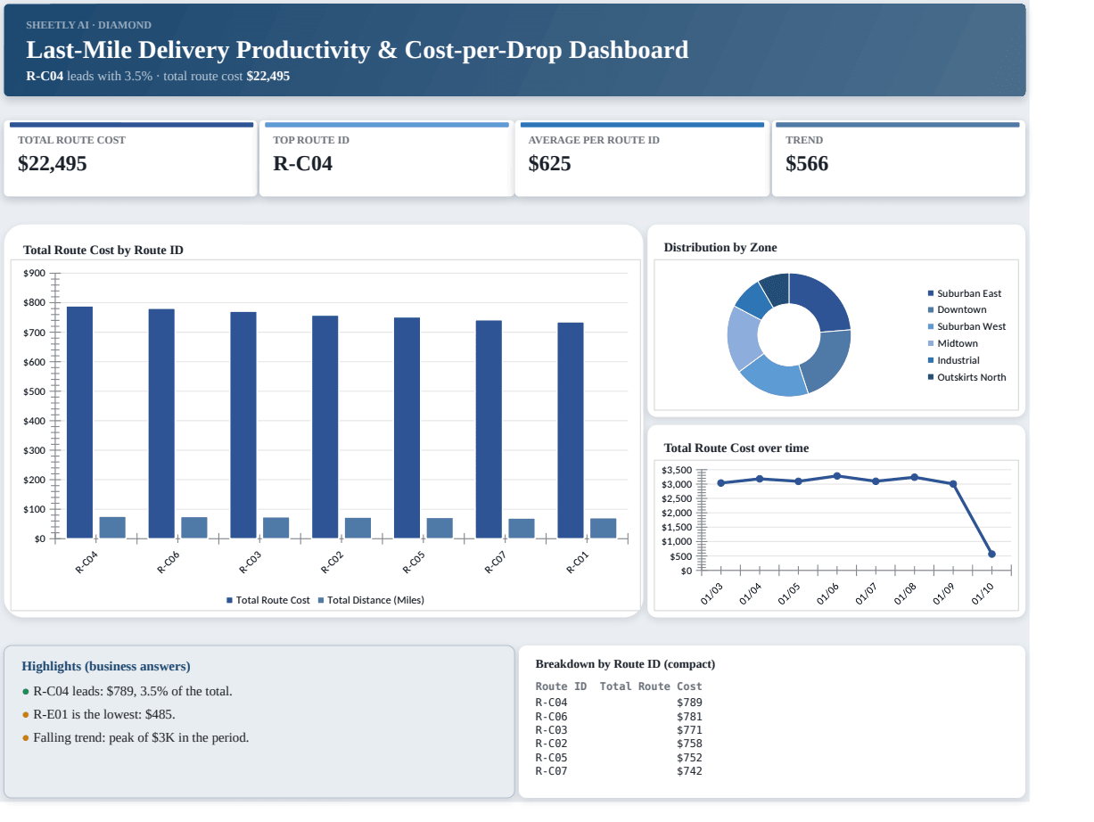 Preview of the Last-Mile Delivery Productivity & Cost-per-Drop Dashboard — Excel spreadsheet template to download template