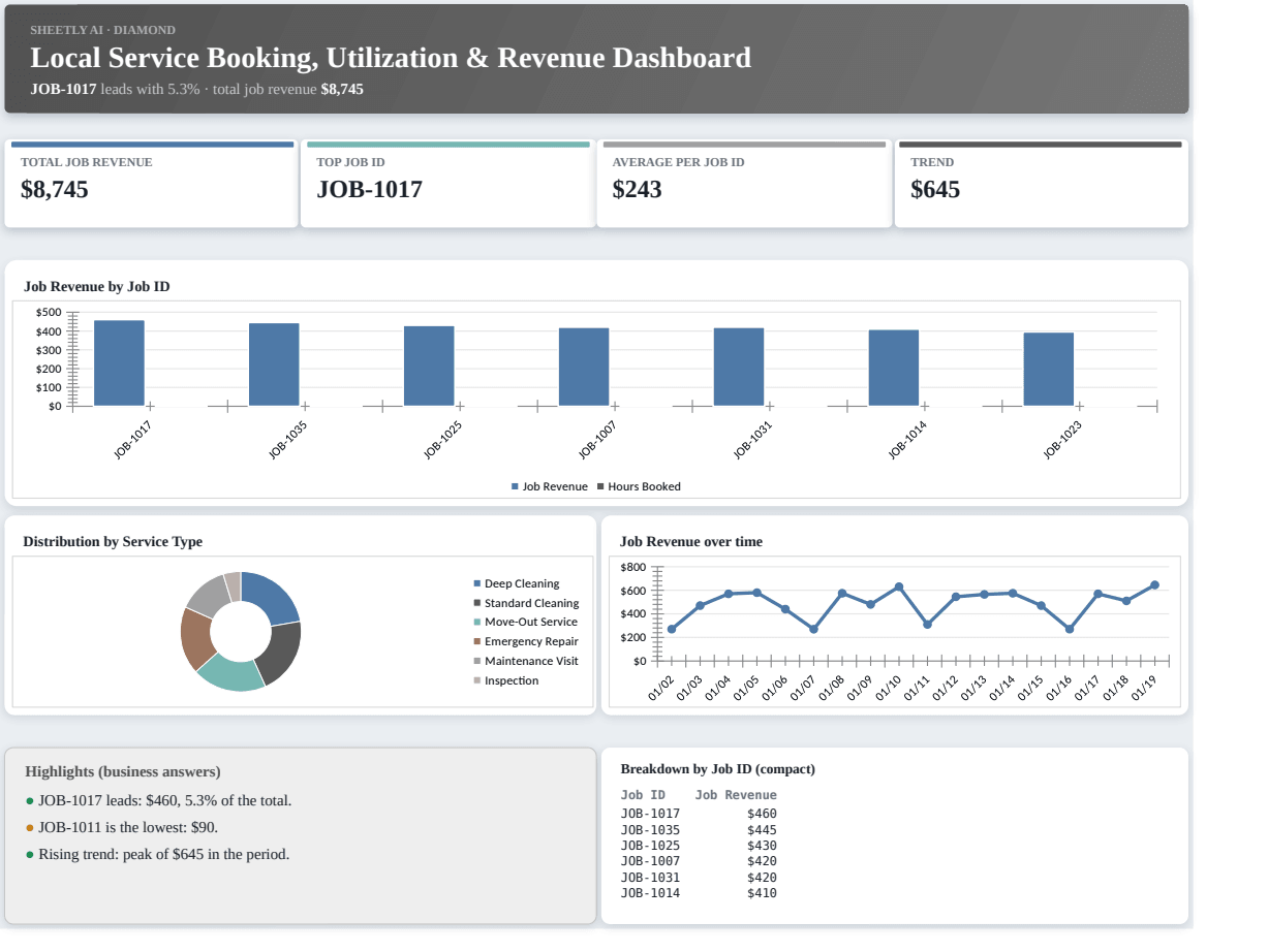 Preview of the Local Service Booking, Utilization & Revenue Dashboard — Excel spreadsheet template to download template