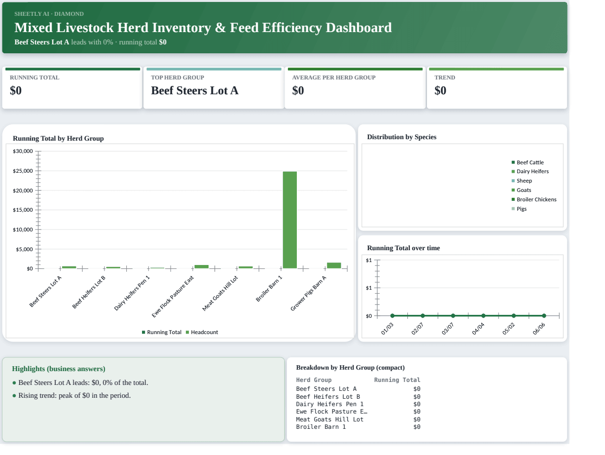 Preview of the Mixed Livestock Herd Inventory & Feed Efficiency Dashboard — Excel template with real formulas template
