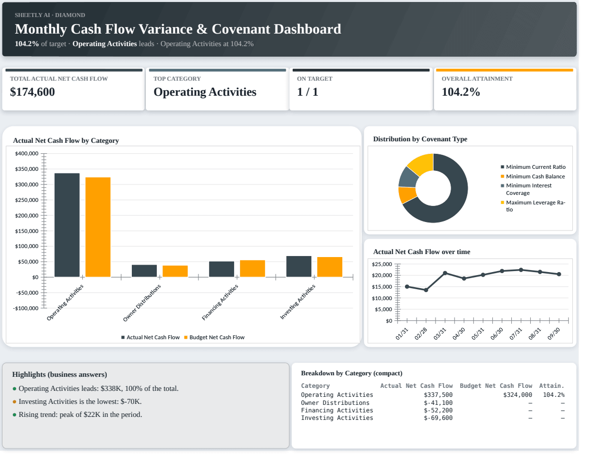 Preview of the Monthly Cash Flow Variance & Covenant Dashboard — free Excel template template