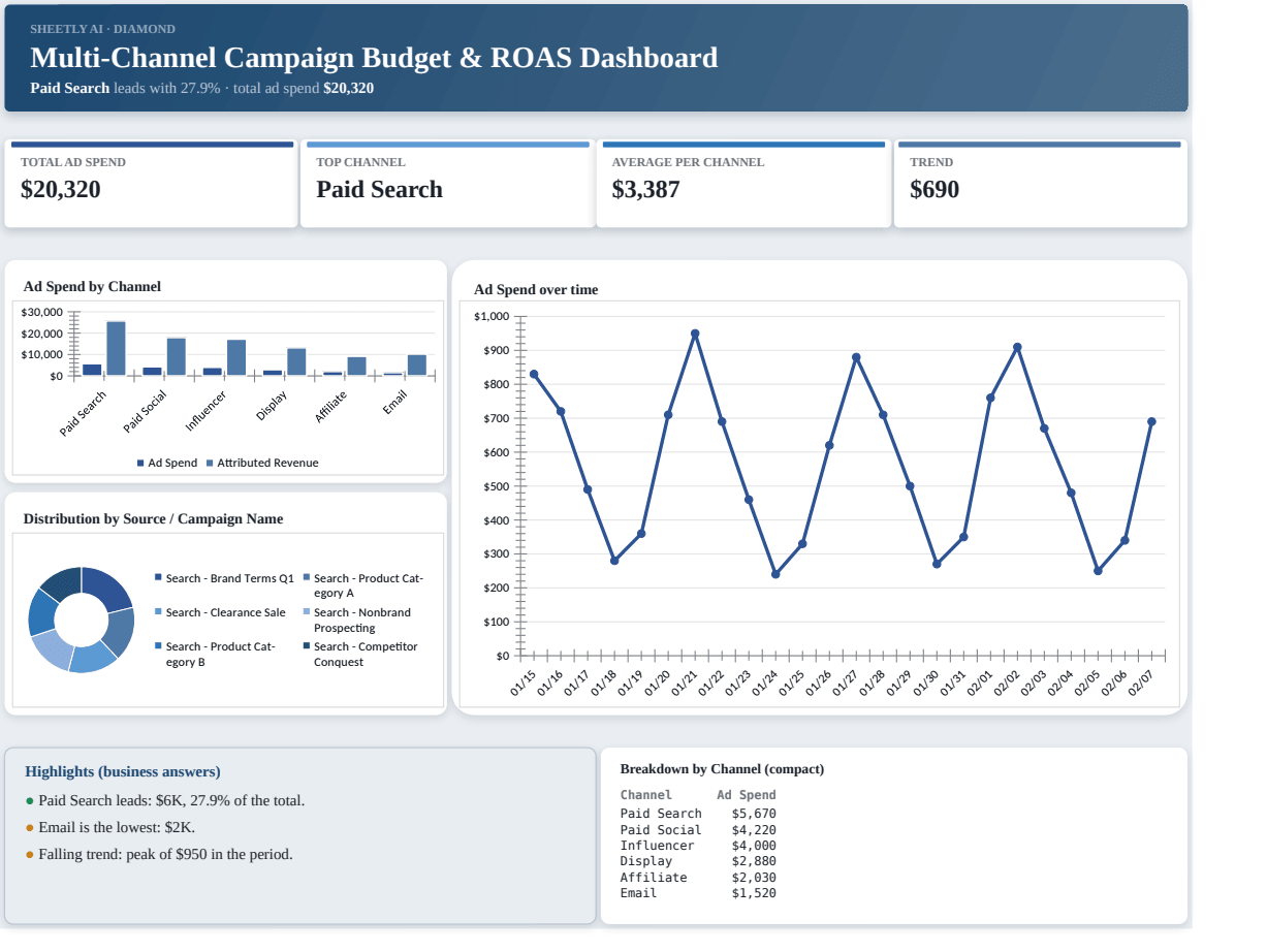 Preview of the Multi-Channel Campaign Budget & ROAS Dashboard — Excel spreadsheet template to download template