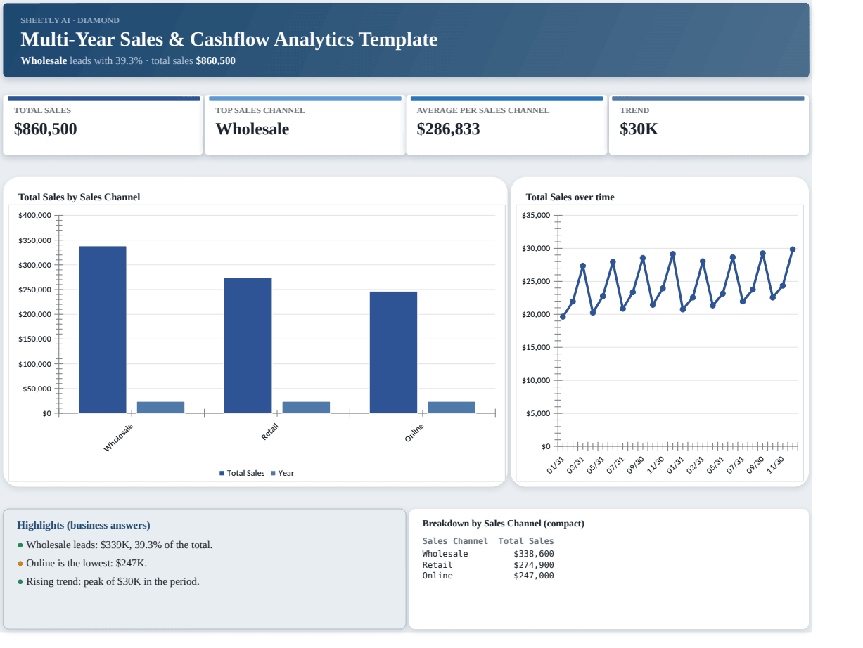 Preview of the Multi-Year Sales & Cashflow Analytics Template — free Excel template template