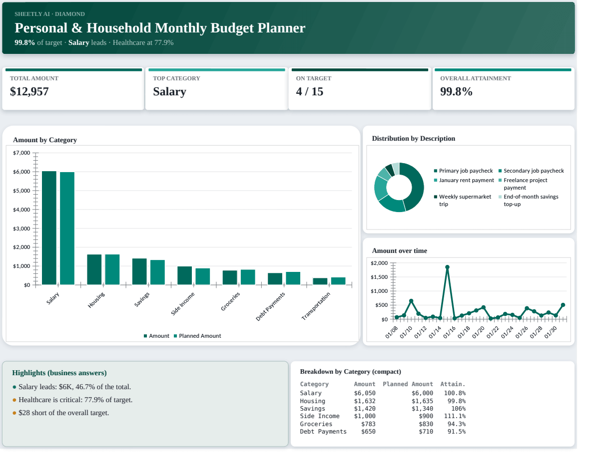 Preview of the Personal & Household Monthly Budget Planner template