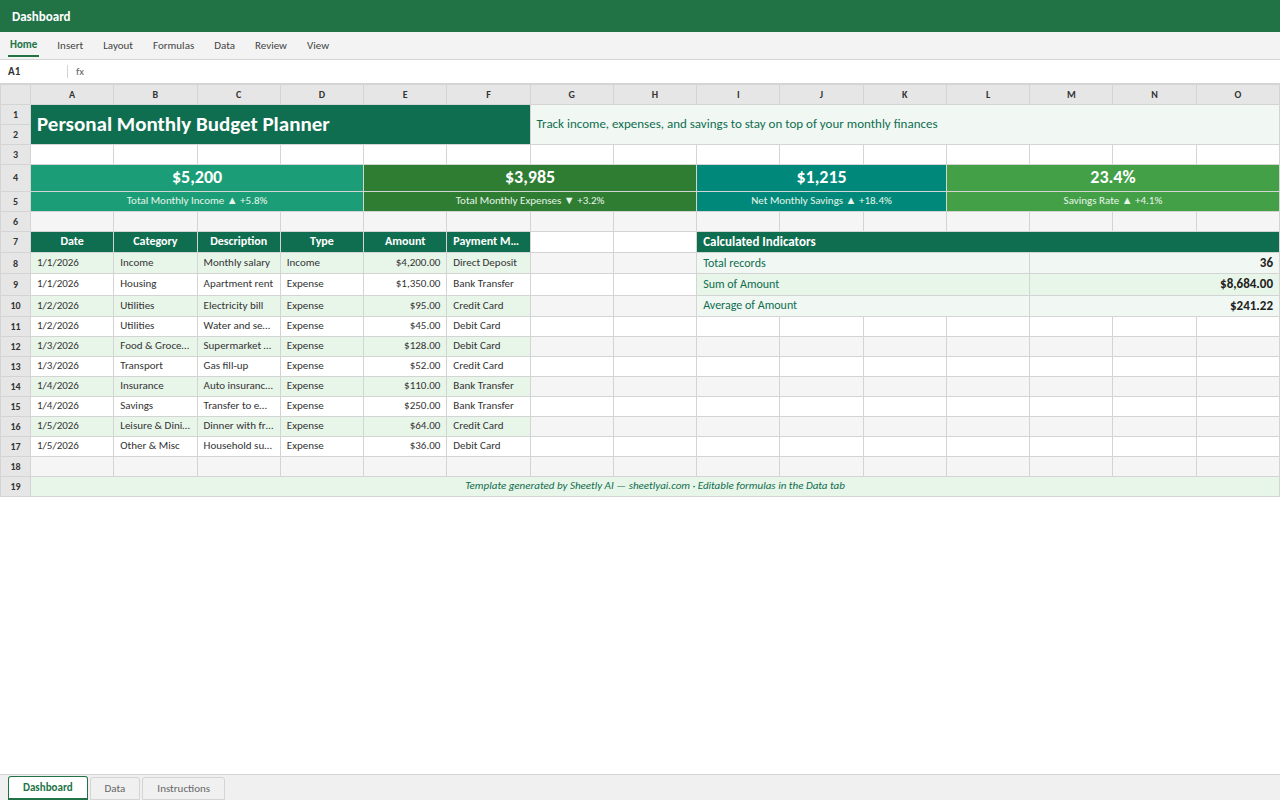Preview of the Personal Monthly Budget Planner — free Excel template template