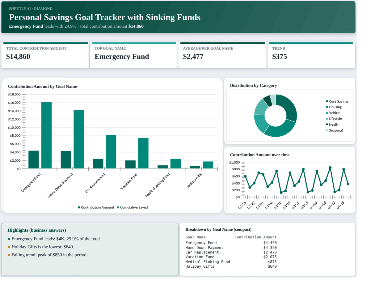 Preview of the Personal Savings Goal Tracker with Sinking Funds template