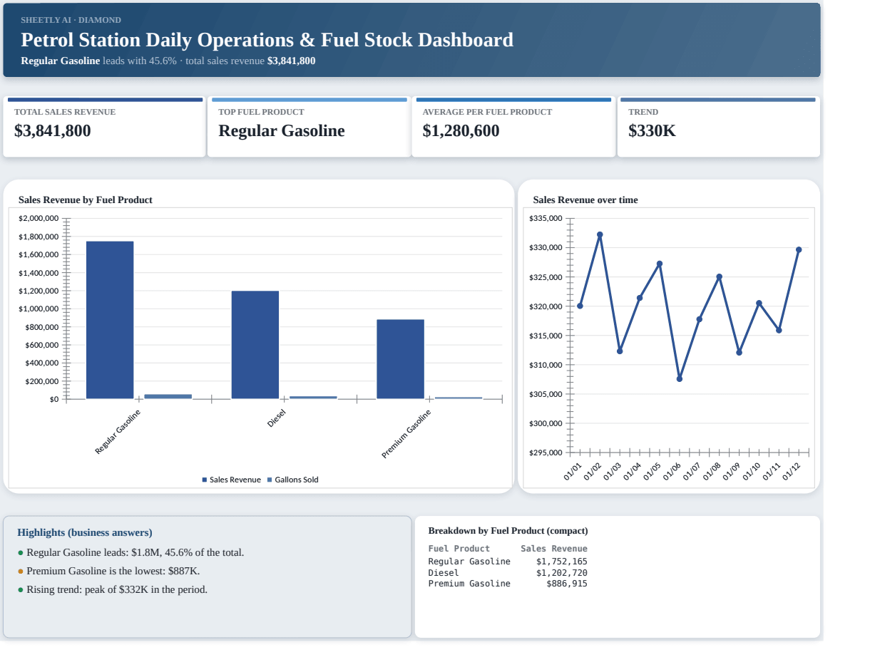 Preview of the Petrol Station Daily Operations & Fuel Stock Dashboard — free Excel template template
