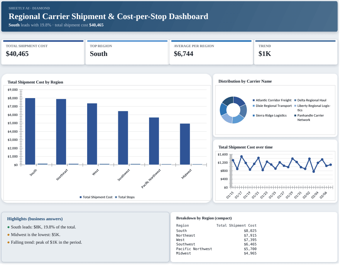Preview of the Regional Carrier Shipment & Cost-per-Stop Dashboard — Excel spreadsheet template to download template
