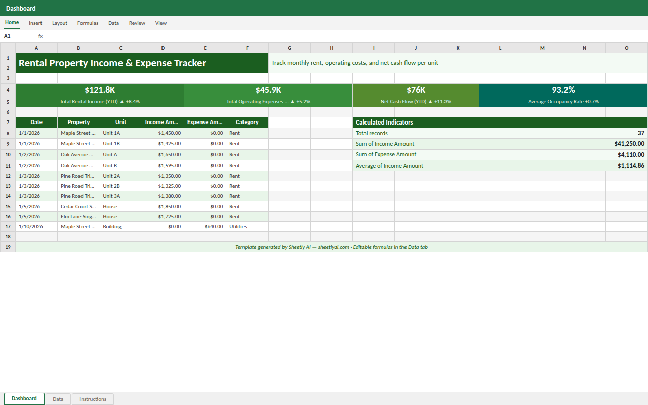 Preview of the Rental Property Income & Expense Tracker template