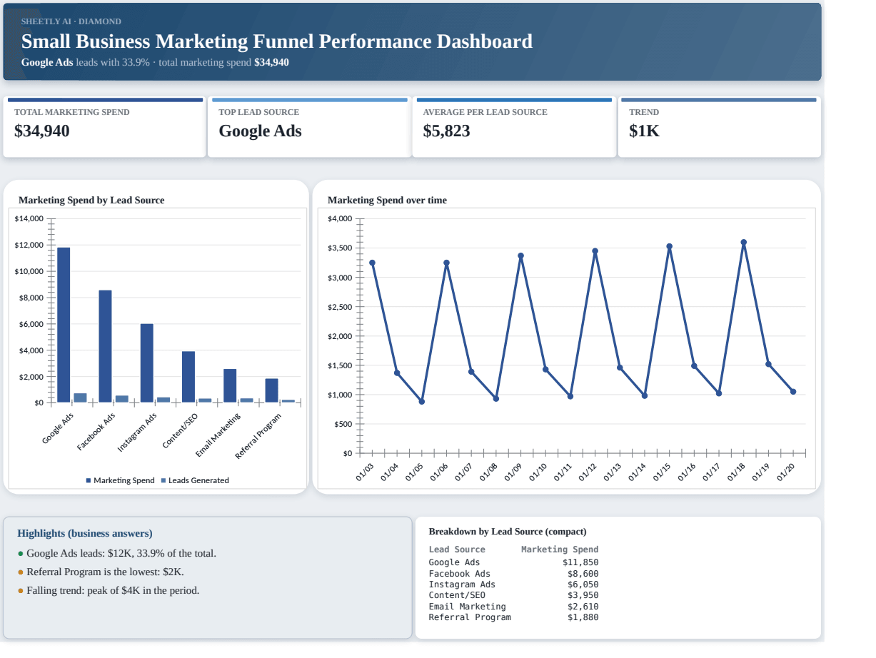 Preview of the Small Business Marketing Funnel Performance Dashboard — Excel spreadsheet template to download template