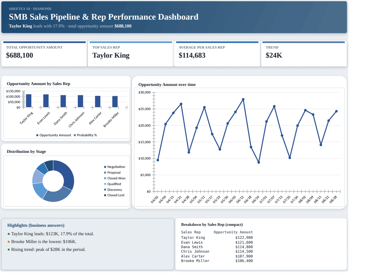Preview of the SMB Sales Pipeline & Rep Performance Dashboard — Excel template with real formulas template